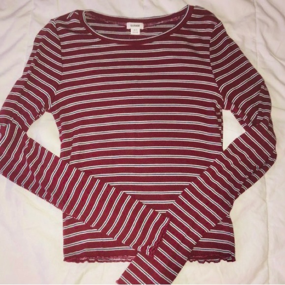 Garage cropped ribbed long sleeve Maroon top with blue white stripes size M - Picture 1 of 2